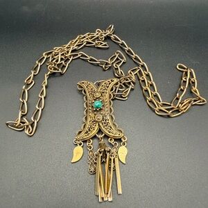 Vintage HOLLYCRAFT GoldTone Statement Necklace Ornate Pendant Fringe Glass Stone